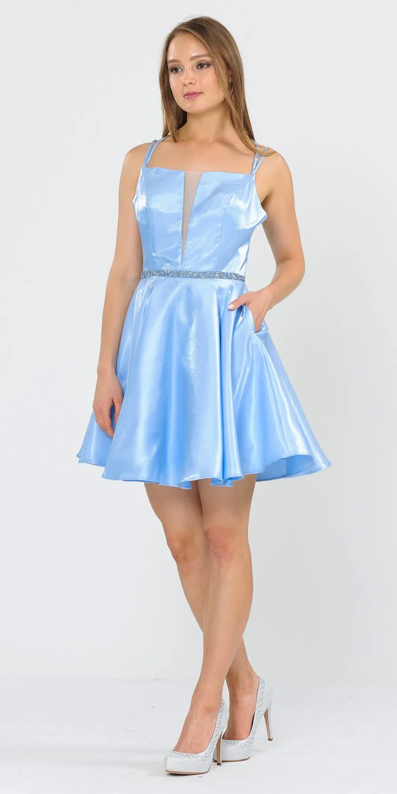 Poly USA 8447 Embellished Waist with Pockets Short Dress
