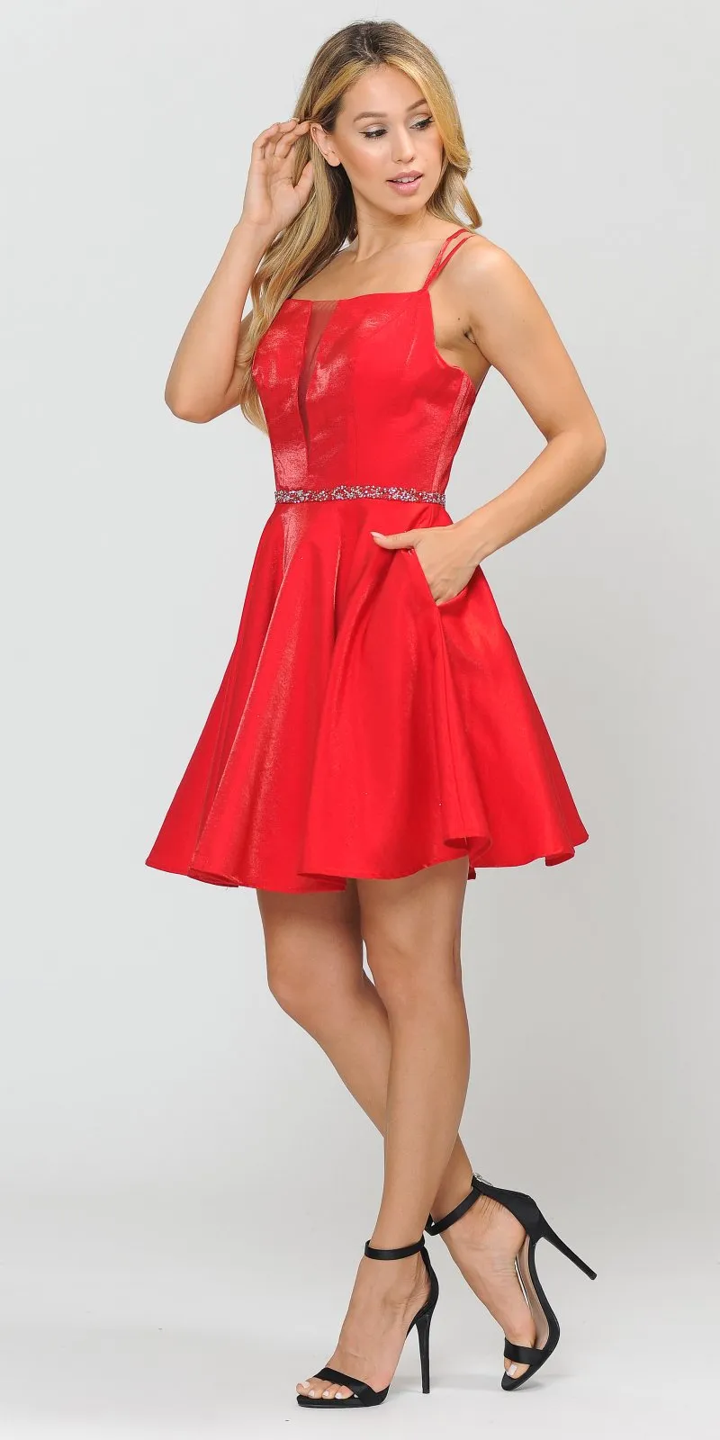 Poly USA 8447 Embellished Waist with Pockets Short Dress