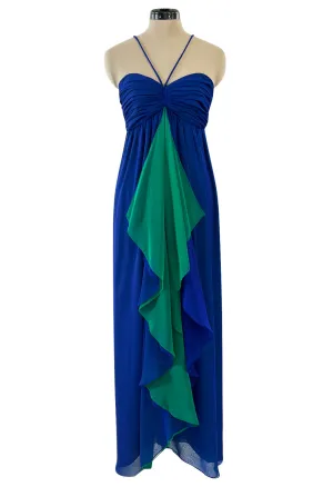 Prettiest 1970s Adele Simpson Deep Blue Chiffon Dress w Green Ruffle Front Halter Dress