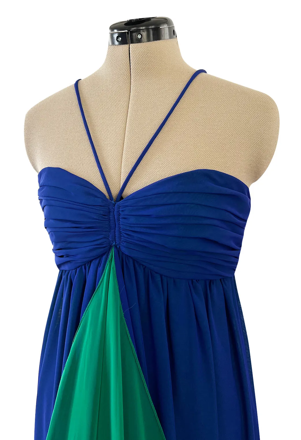 Prettiest 1970s Adele Simpson Deep Blue Chiffon Dress w Green Ruffle Front Halter Dress