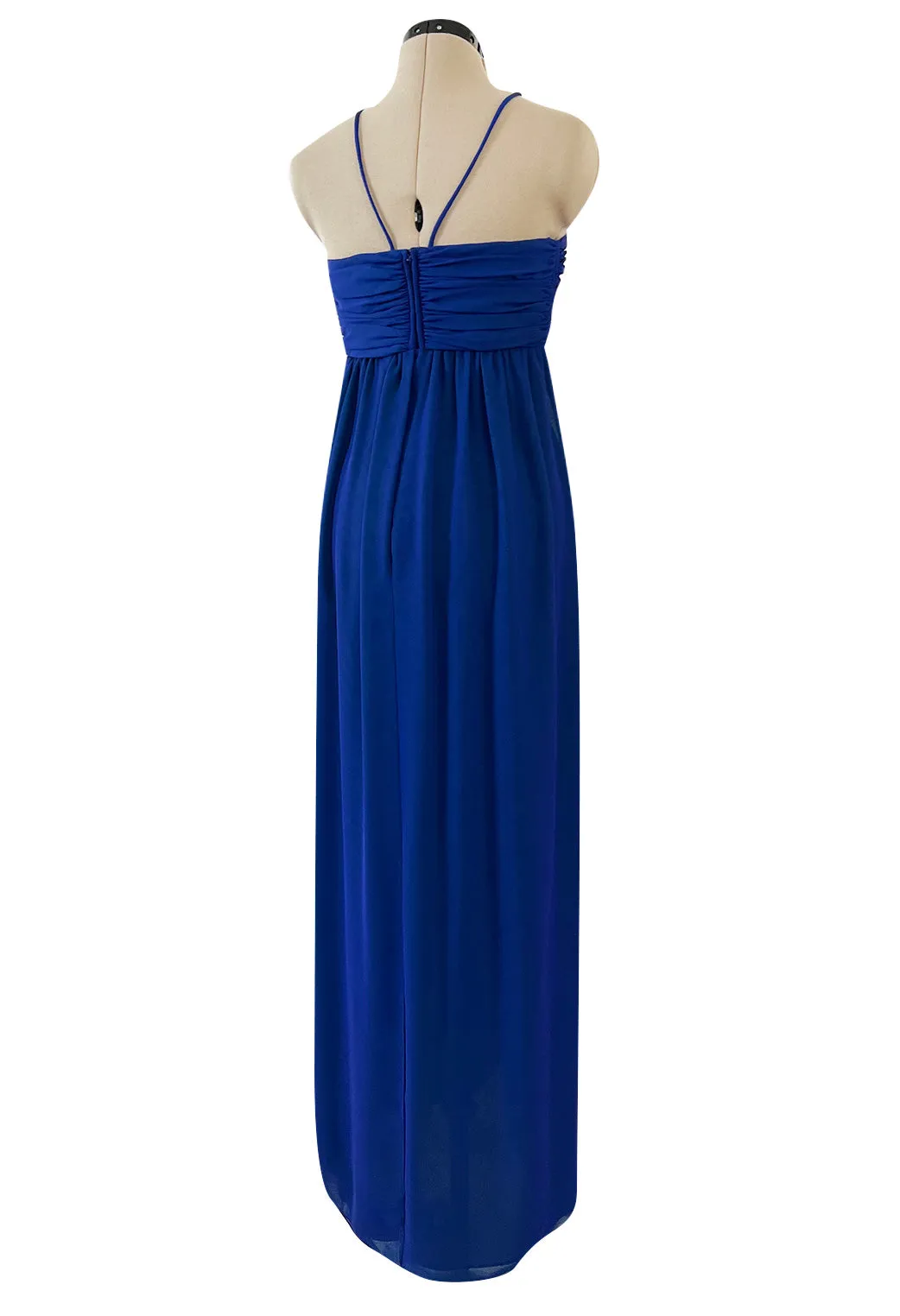 Prettiest 1970s Adele Simpson Deep Blue Chiffon Dress w Green Ruffle Front Halter Dress