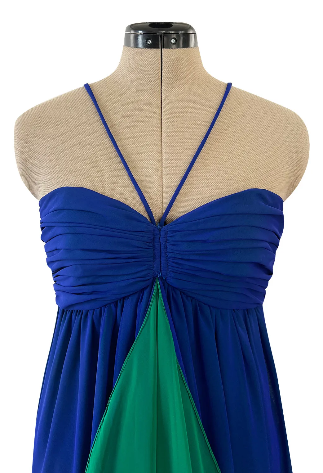 Prettiest 1970s Adele Simpson Deep Blue Chiffon Dress w Green Ruffle Front Halter Dress
