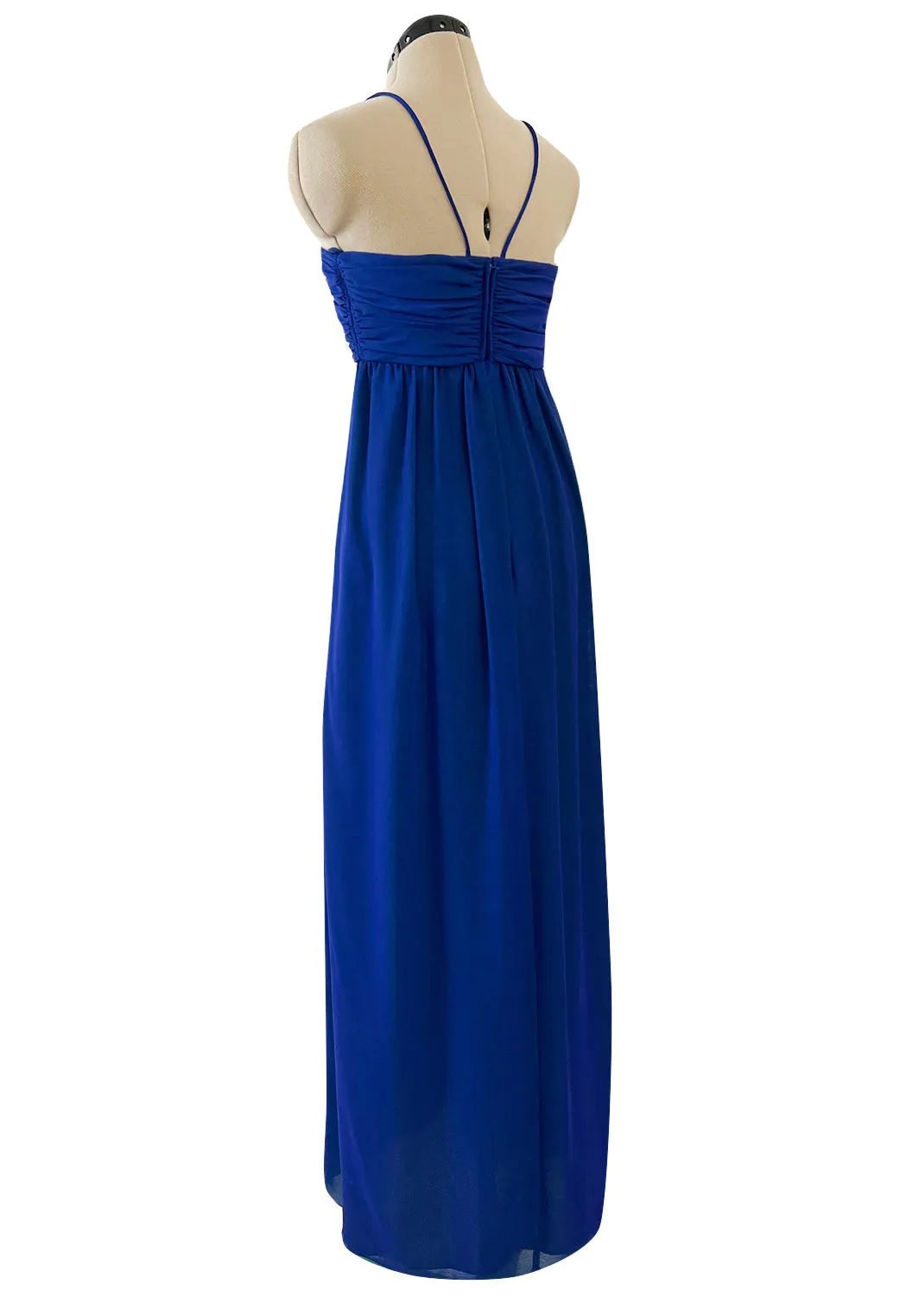 Prettiest 1970s Adele Simpson Deep Blue Chiffon Dress w Green Ruffle Front Halter Dress
