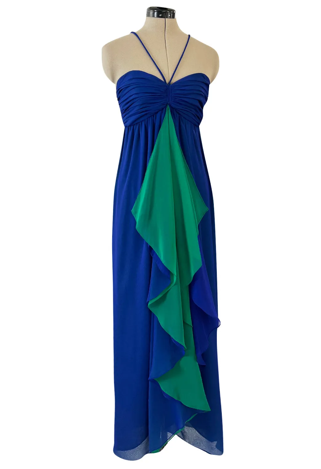 Prettiest 1970s Adele Simpson Deep Blue Chiffon Dress w Green Ruffle Front Halter Dress