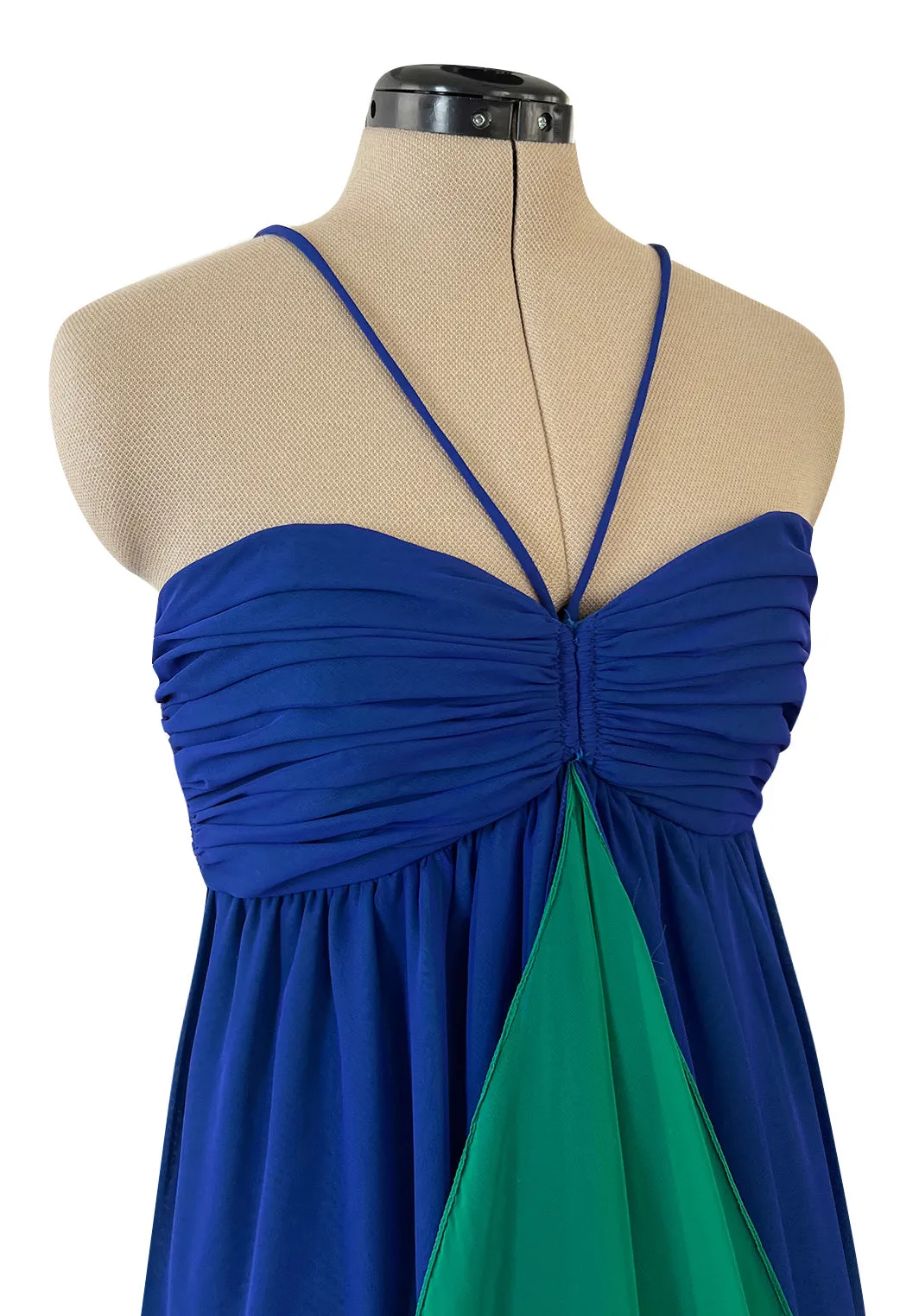 Prettiest 1970s Adele Simpson Deep Blue Chiffon Dress w Green Ruffle Front Halter Dress