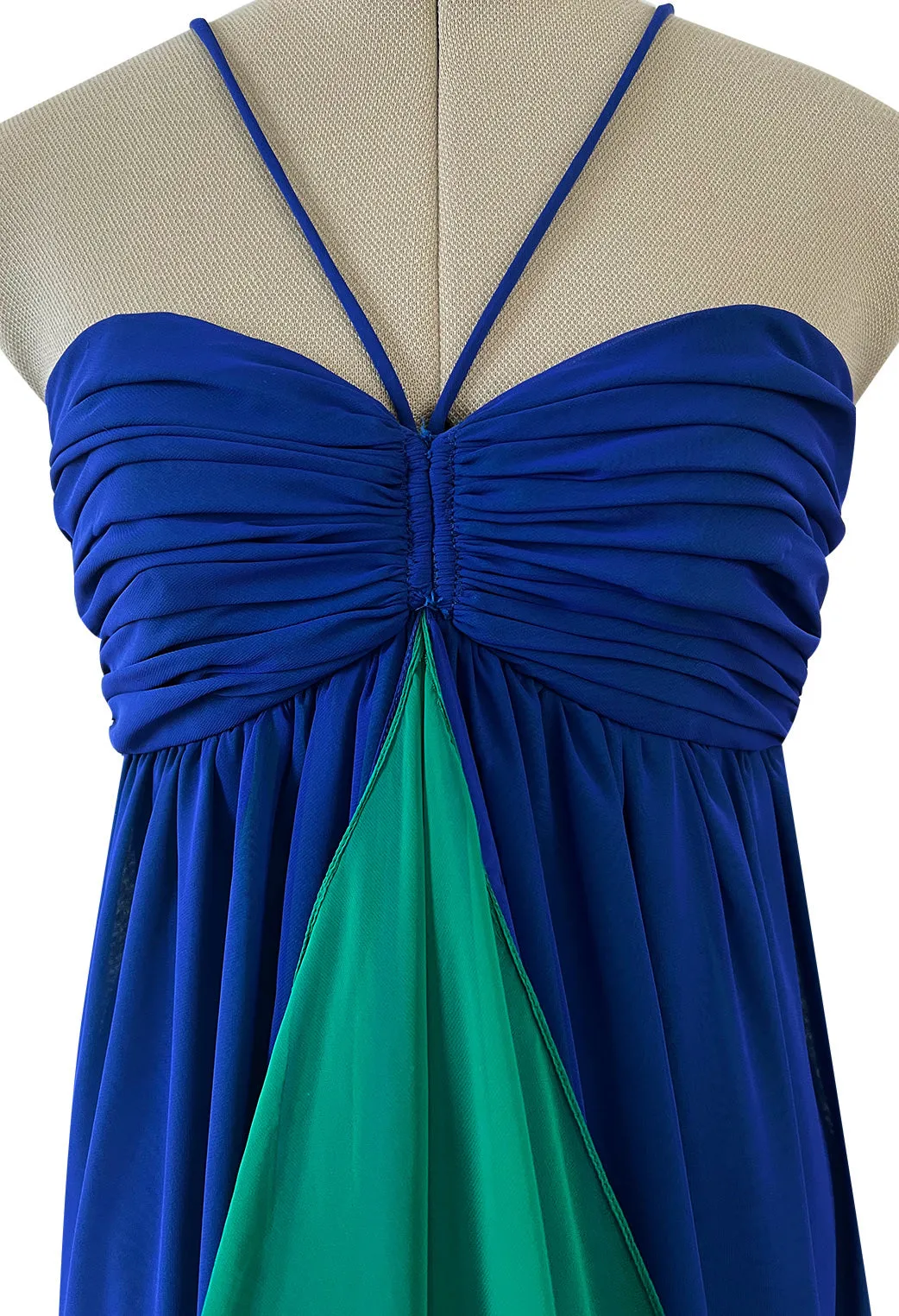 Prettiest 1970s Adele Simpson Deep Blue Chiffon Dress w Green Ruffle Front Halter Dress