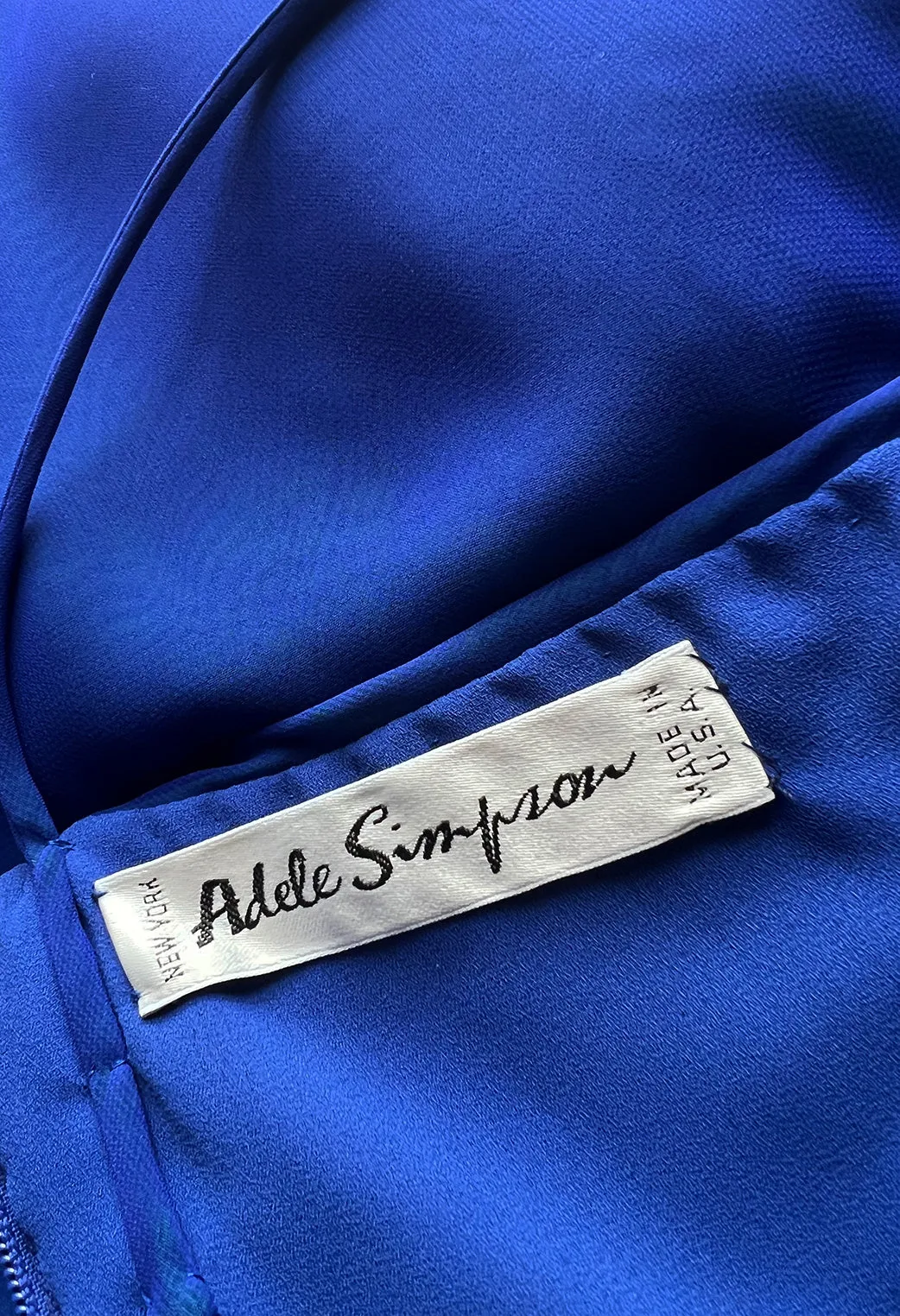 Prettiest 1970s Adele Simpson Deep Blue Chiffon Dress w Green Ruffle Front Halter Dress