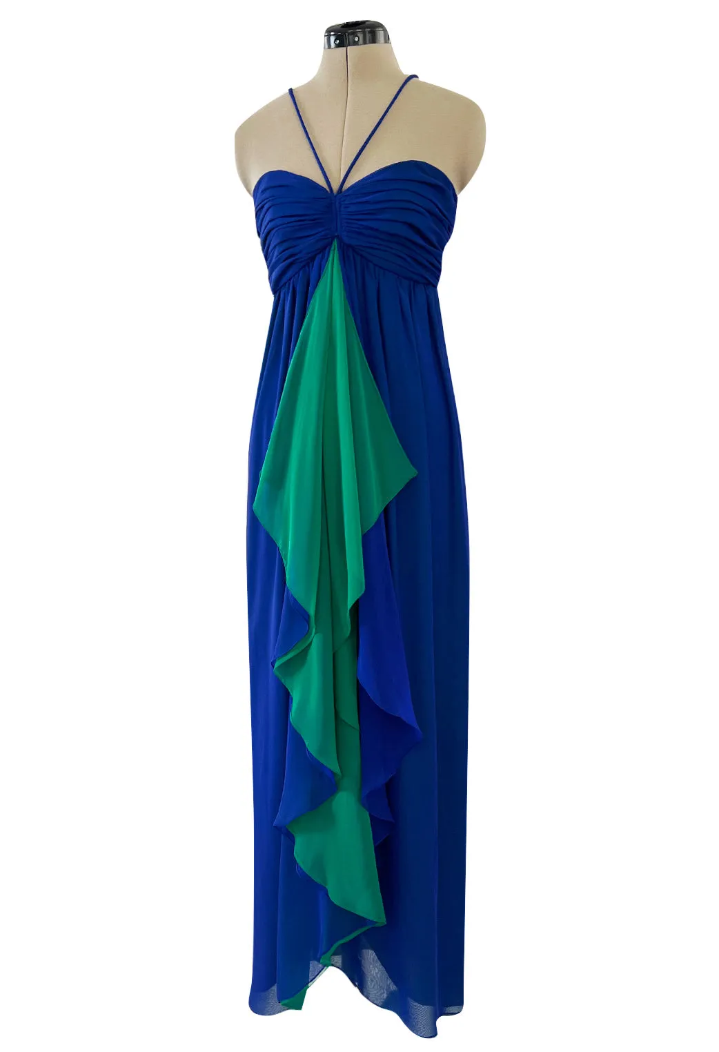 Prettiest 1970s Adele Simpson Deep Blue Chiffon Dress w Green Ruffle Front Halter Dress