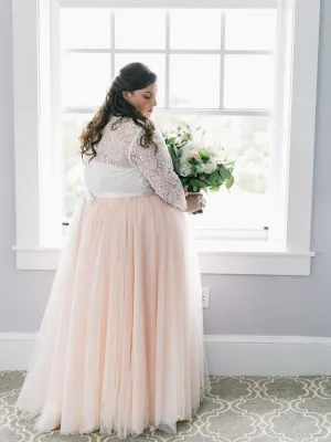 Pretty Lace Top Blush Pink Tulle Wedding Dress Plus Size Long Sleeve V Neck A Line Floor Length