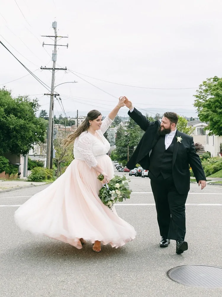 Pretty Lace Top Blush Pink Tulle Wedding Dress Plus Size Long Sleeve V Neck A Line Floor Length