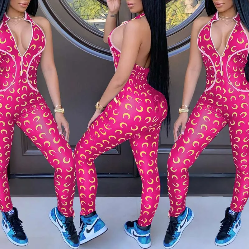 Print Halter Sleeveless Backless Jumpsuit