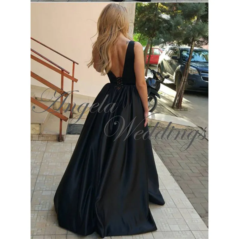 Prom Dresses 2020 Plunge V Neck Satin Long Party Gowns