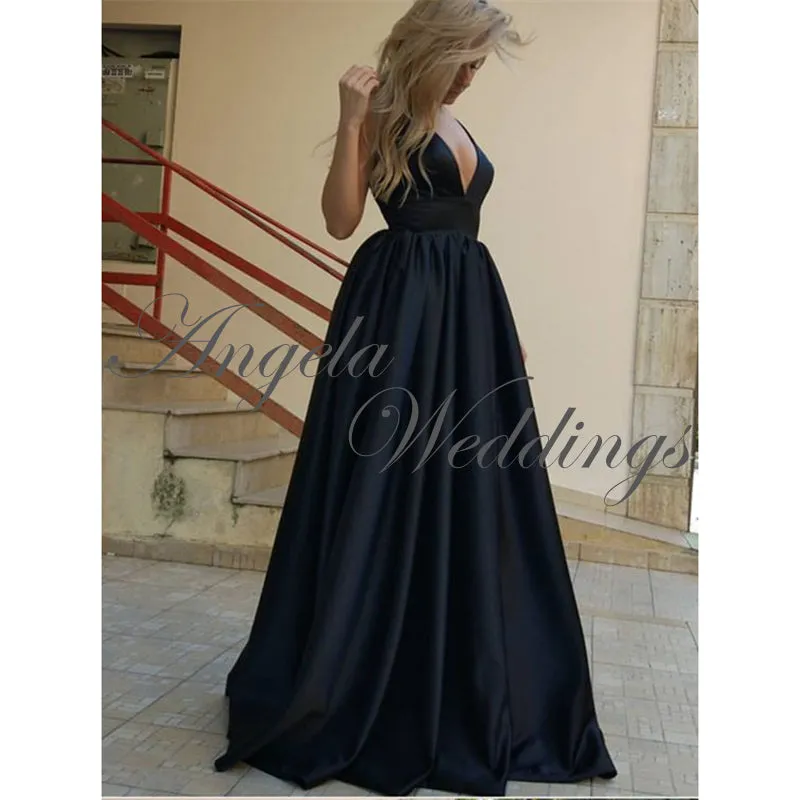 Prom Dresses 2020 Plunge V Neck Satin Long Party Gowns