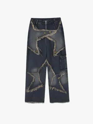 PUFFED DISTRESSED STAR JEANS
