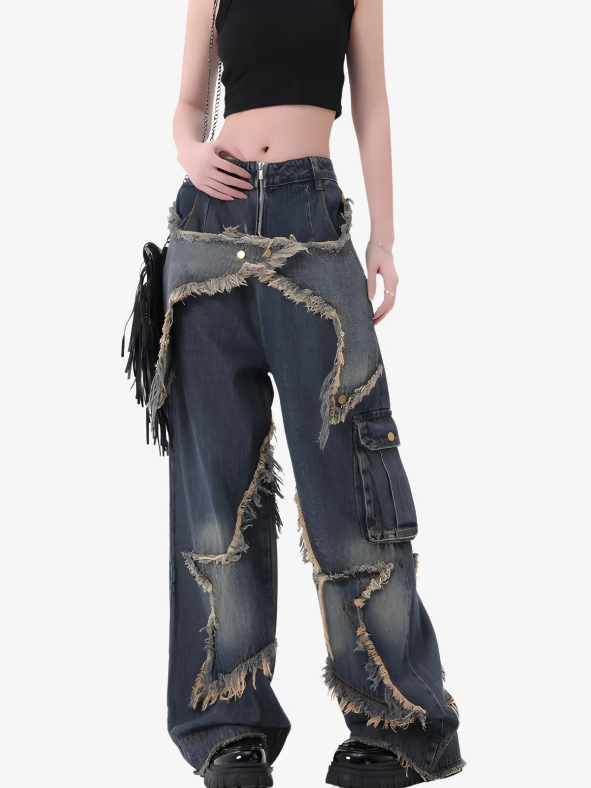 PUFFED DISTRESSED STAR JEANS