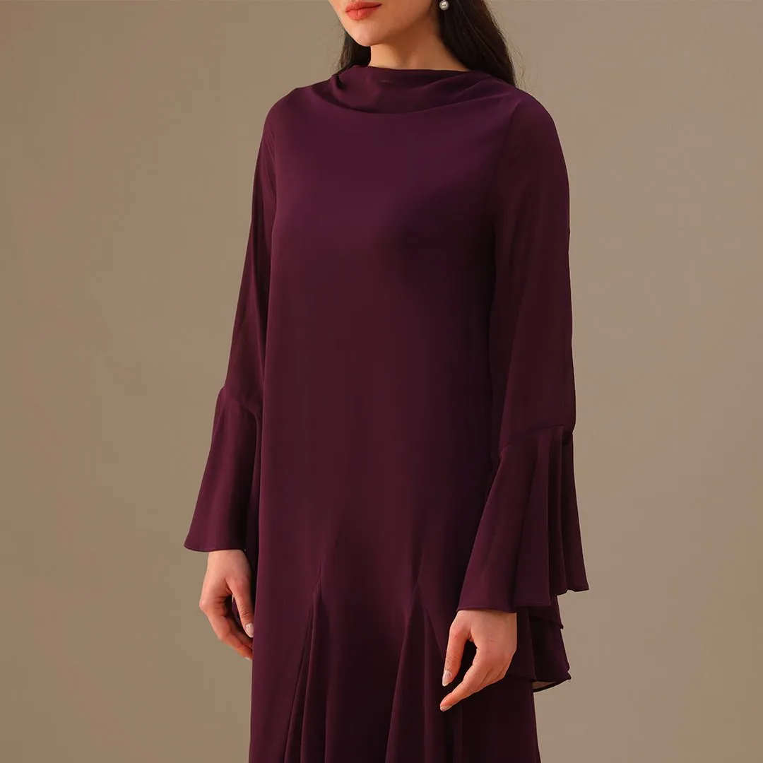 Purple Flared Long Sleeve Chiffon Maxi Dress
