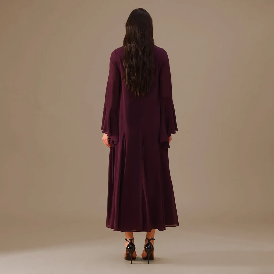 Purple Flared Long Sleeve Chiffon Maxi Dress