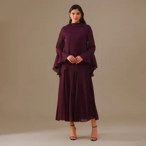 Purple Flared Long Sleeve Chiffon Maxi Dress