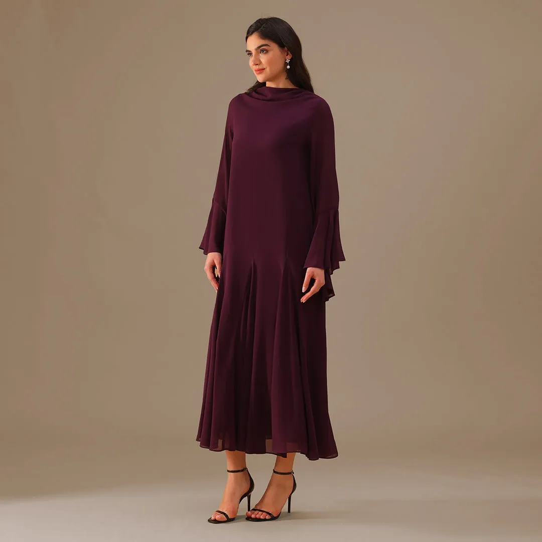Purple Flared Long Sleeve Chiffon Maxi Dress