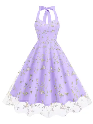 Purple Semi Mesh Rose Embroidered Sleeveless Halter Neck 50S Swing Dress