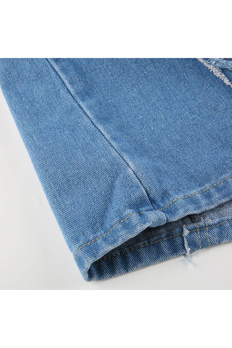 QQ3258 Ripped Denim Long Skirt