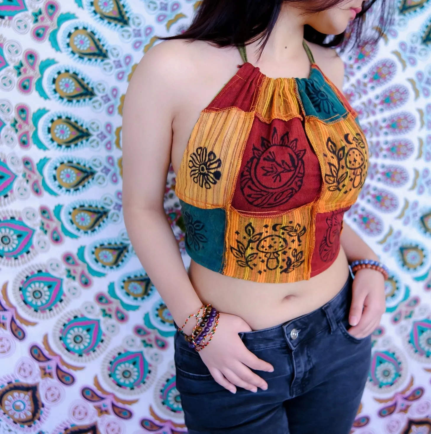 Reversible Patchwork Halter Top Orange Green