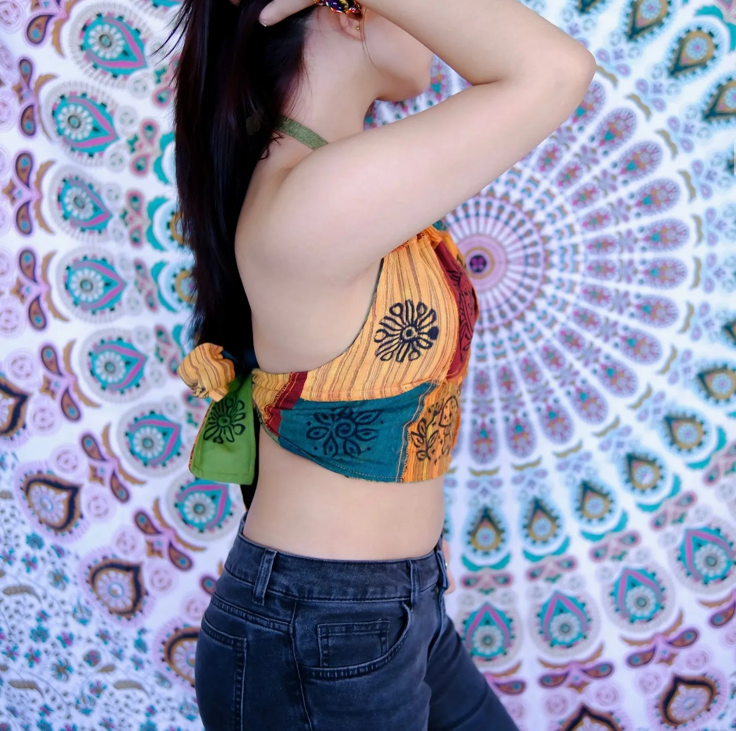Reversible Patchwork Halter Top Orange Green