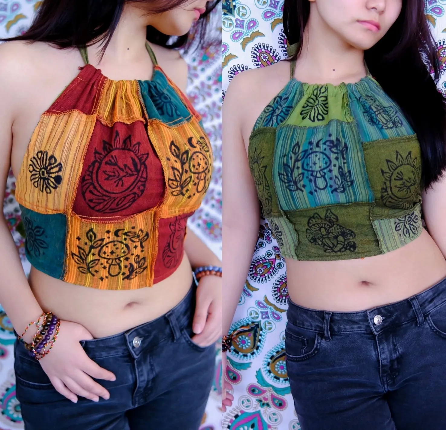Reversible Patchwork Halter Top Orange Green