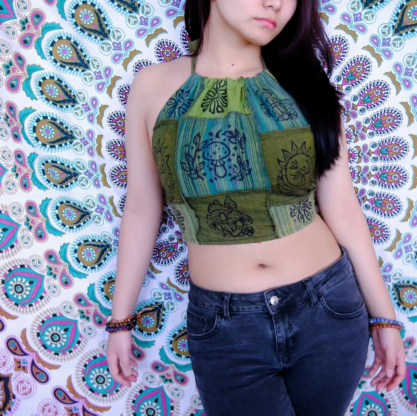 Reversible Patchwork Halter Top Orange Green