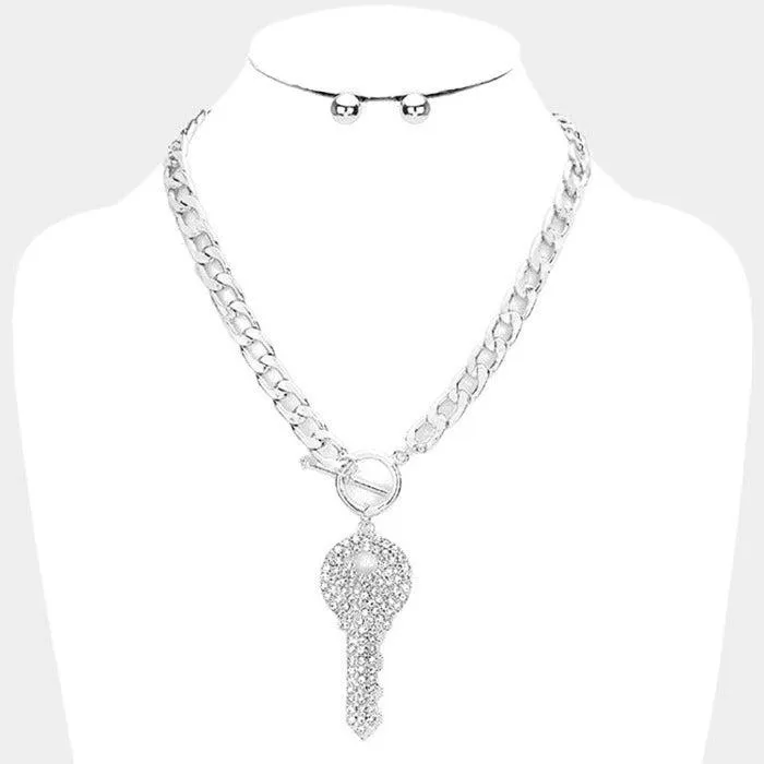 Rhinestone Embellished Key Silver Necklace Set