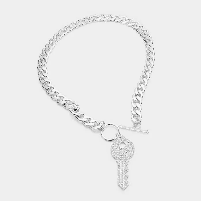 Rhinestone Embellished Key Silver Necklace Set
