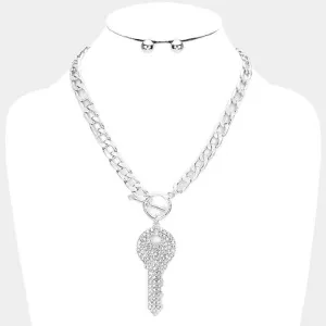 Rhinestone Embellished Key Silver Necklace Set