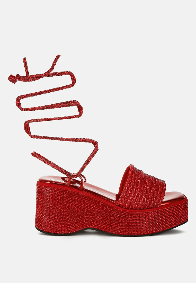 Rhinestone Embellished Lace-Up Sandals by RUW