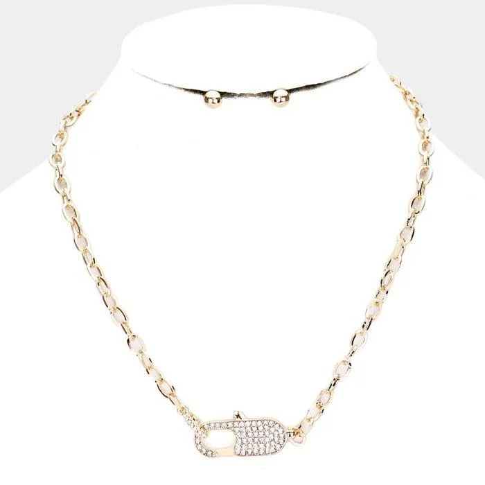 Rhinestone Embellished Lobster Clasp Gold Necklace Set
