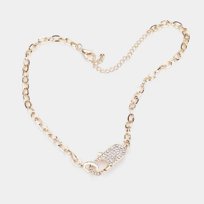 Rhinestone Embellished Lobster Clasp Gold Necklace Set