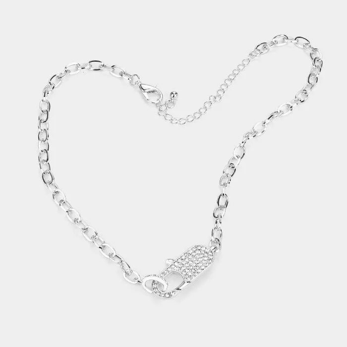 Rhinestone Embellished Lobster Clasp Silver Necklace Set