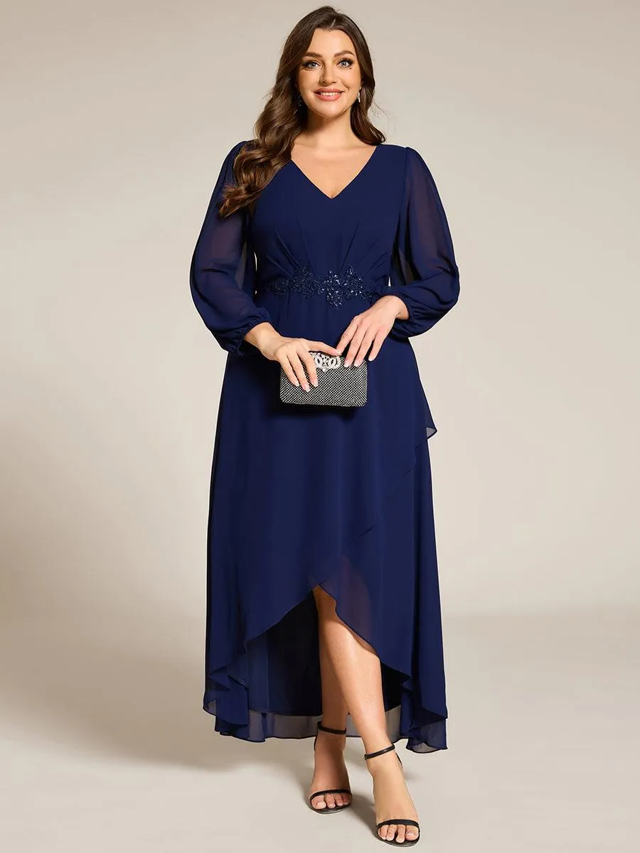 Robe de soirée en mousseline de soie à manches longues et col en V grande taille