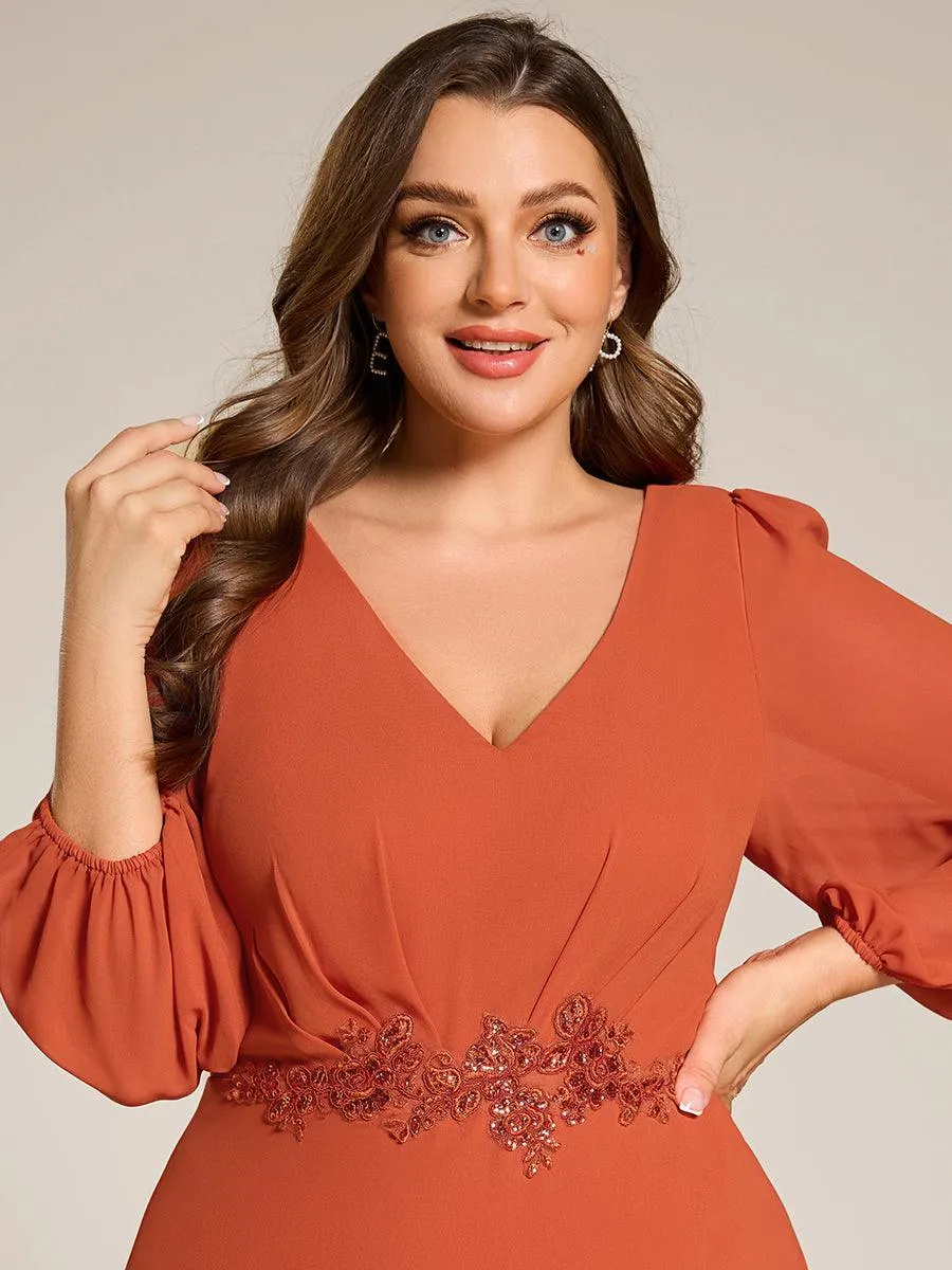Robe de soirée en mousseline de soie à manches longues et col en V grande taille