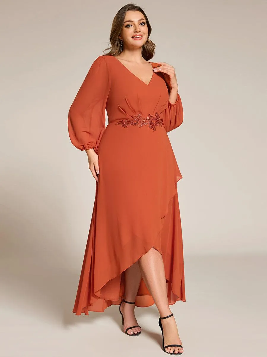 Robe de soirée en mousseline de soie à manches longues et col en V grande taille
