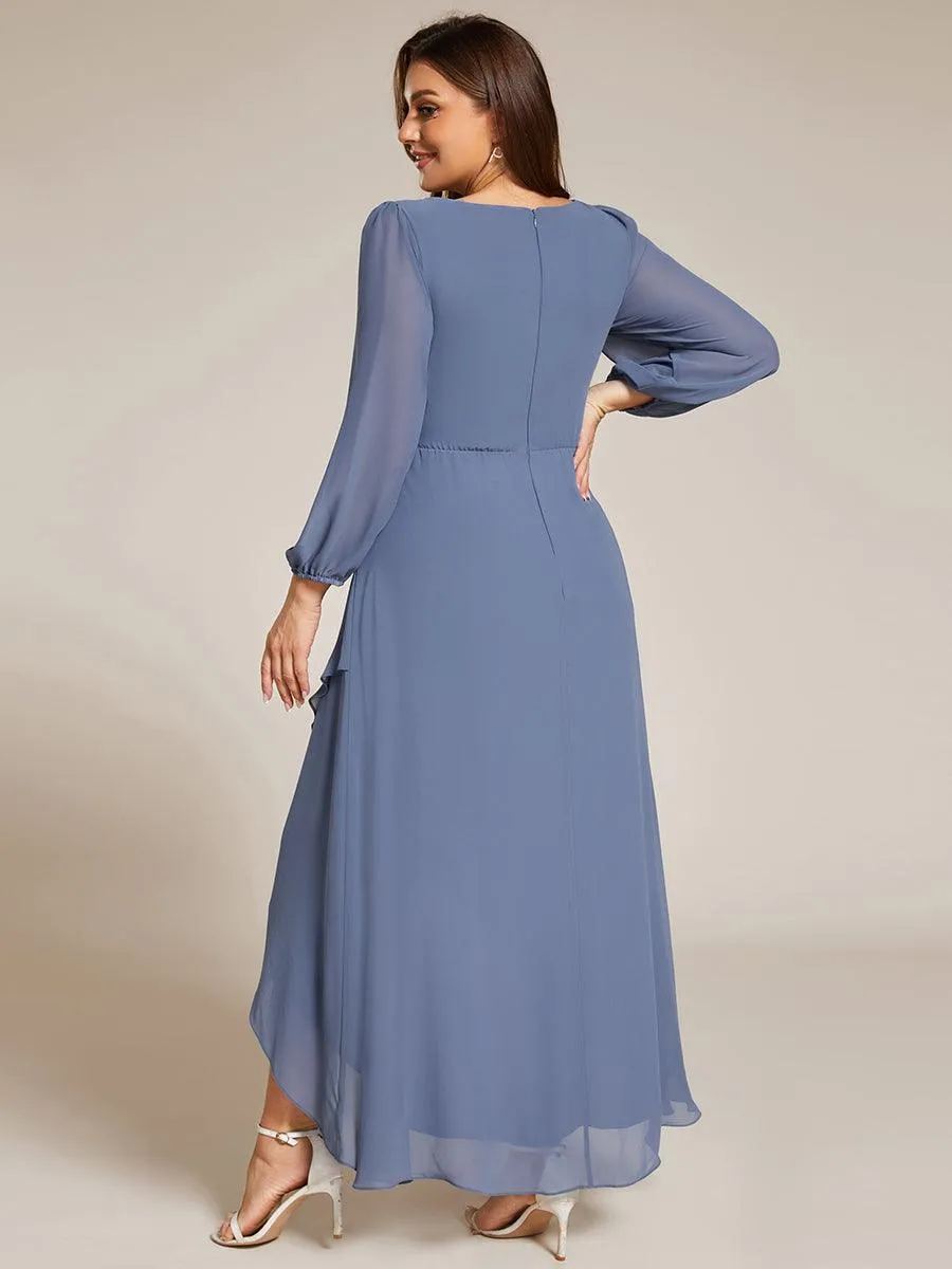 Robe de soirée en mousseline de soie à manches longues et col en V grande taille