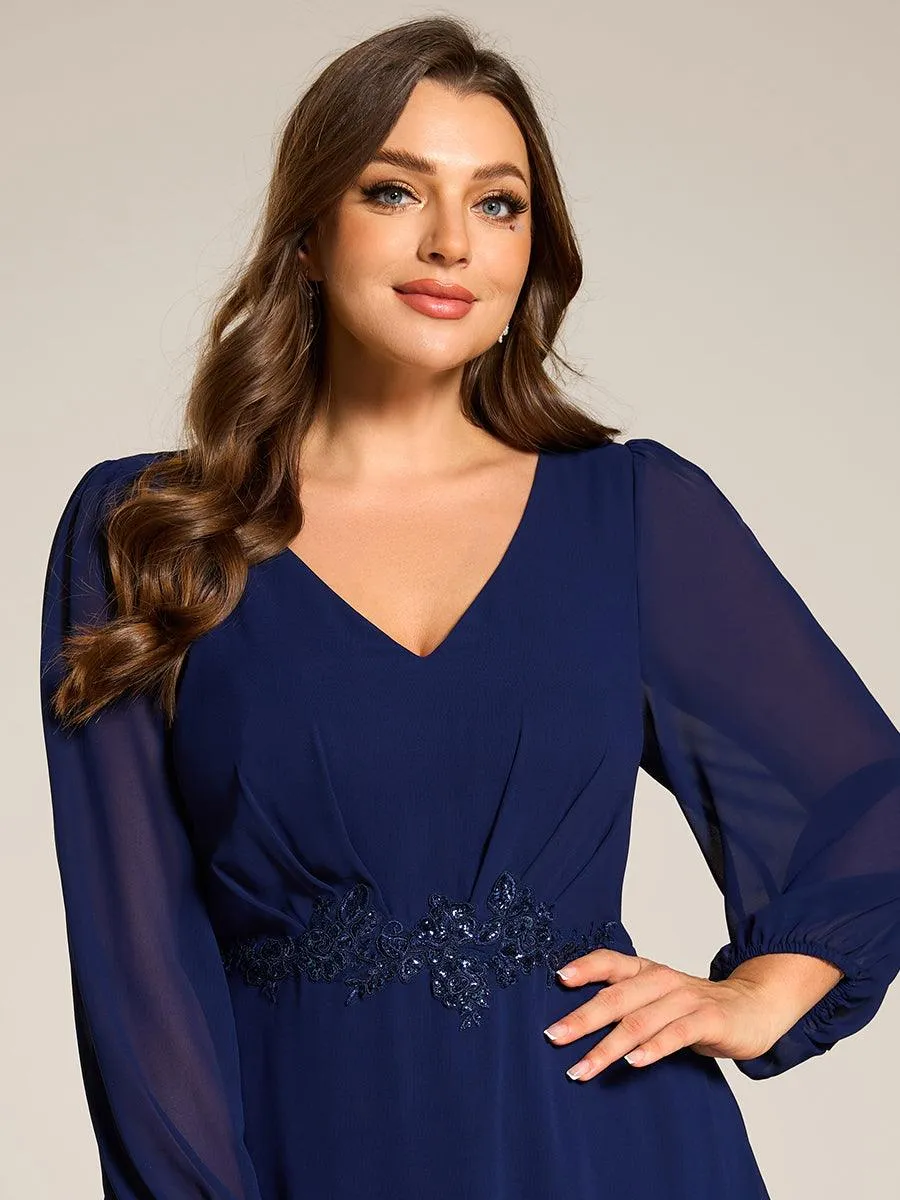 Robe de soirée en mousseline de soie à manches longues et col en V grande taille