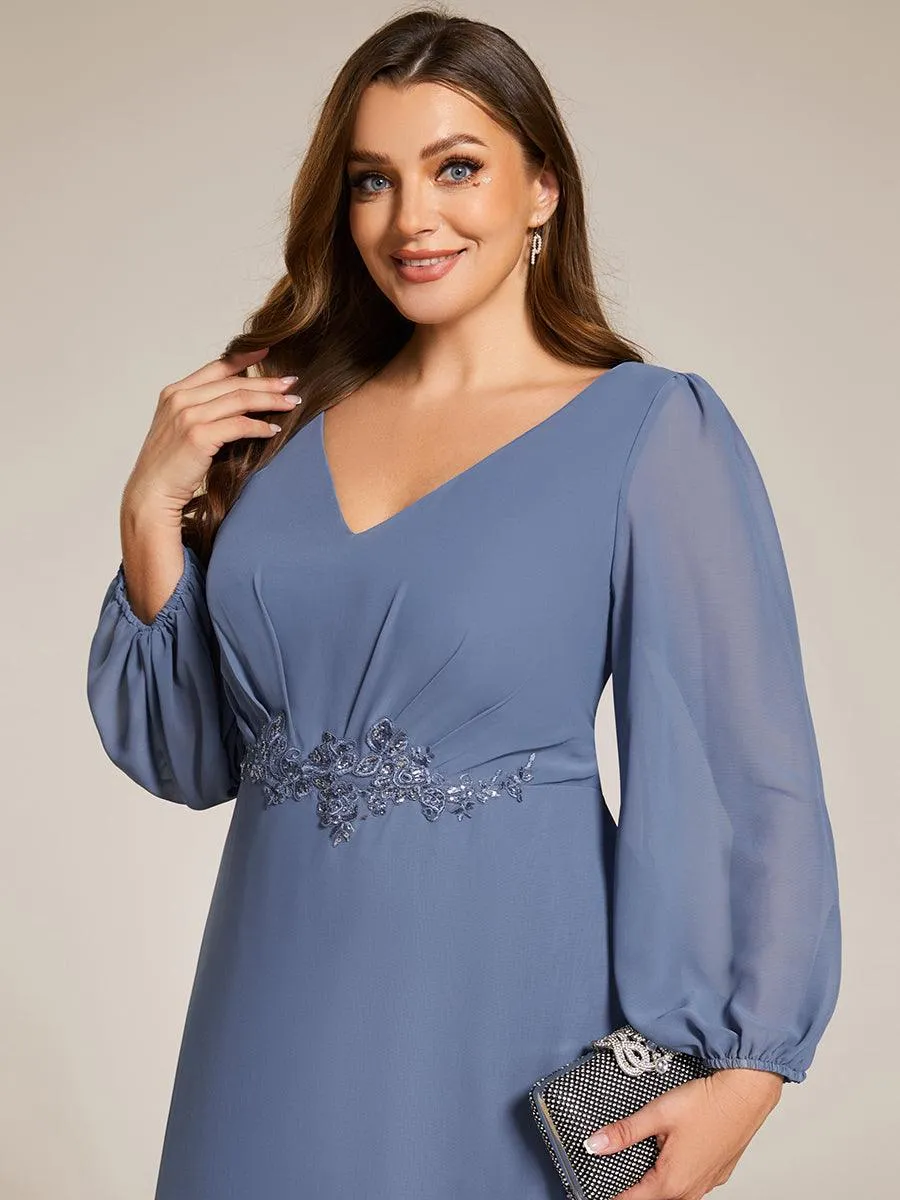 Robe de soirée en mousseline de soie à manches longues et col en V grande taille