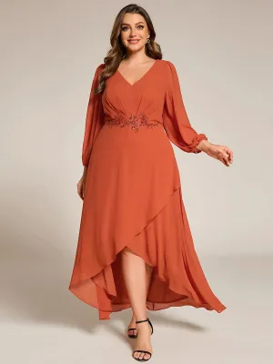 Robe de soirée en mousseline de soie à manches longues et col en V grande taille