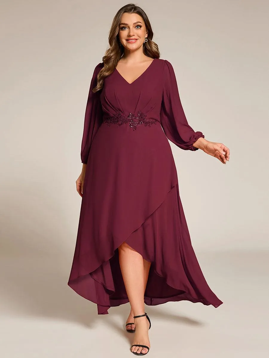 Robe de soirée en mousseline de soie à manches longues et col en V grande taille