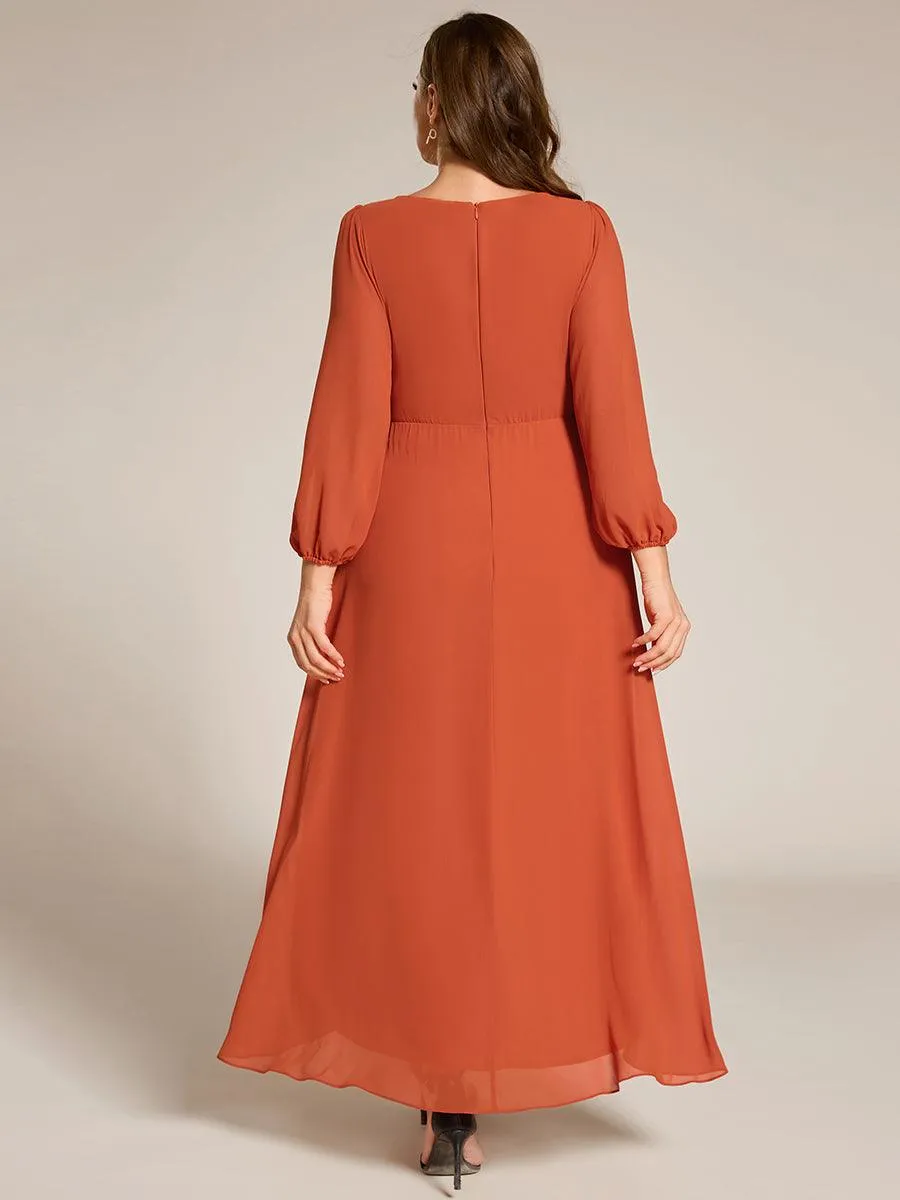 Robe de soirée en mousseline de soie à manches longues et col en V grande taille