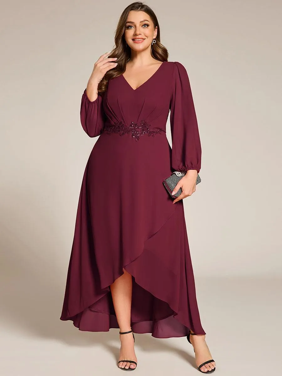 Robe de soirée en mousseline de soie à manches longues et col en V grande taille