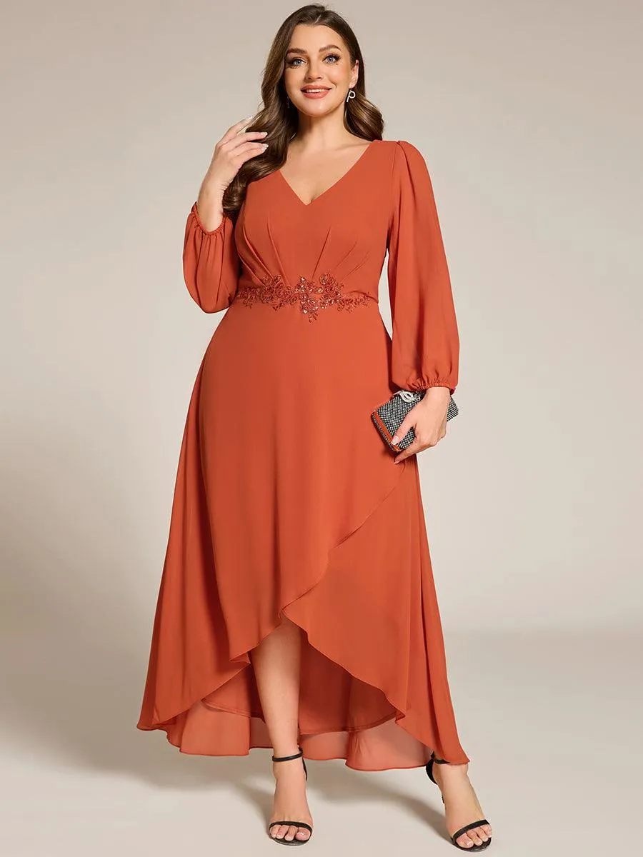 Robe de soirée en mousseline de soie à manches longues et col en V grande taille