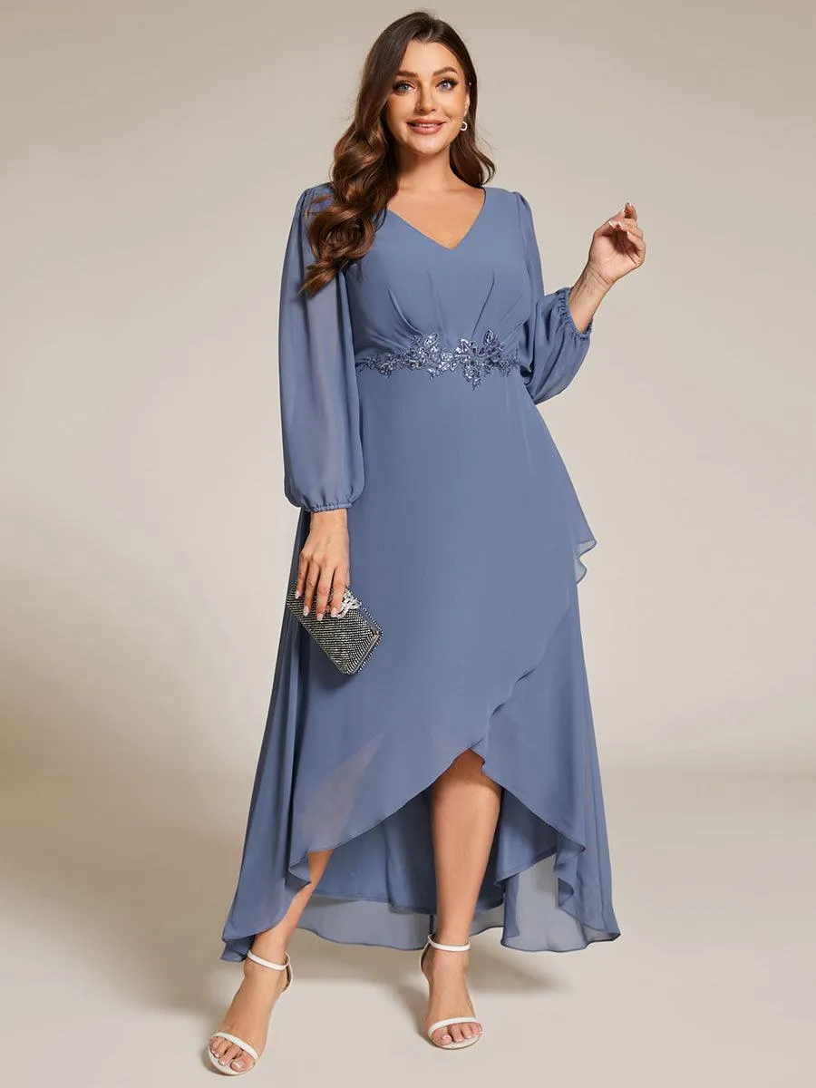 Robe de soirée en mousseline de soie à manches longues et col en V grande taille