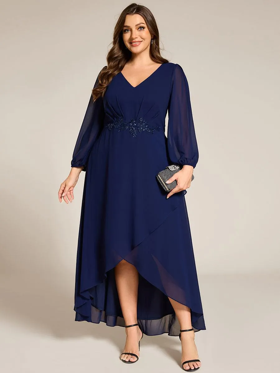 Robe de soirée en mousseline de soie à manches longues et col en V grande taille