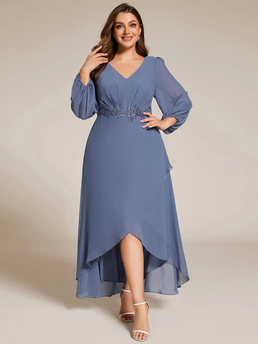 Robe de soirée en mousseline de soie à manches longues et col en V grande taille